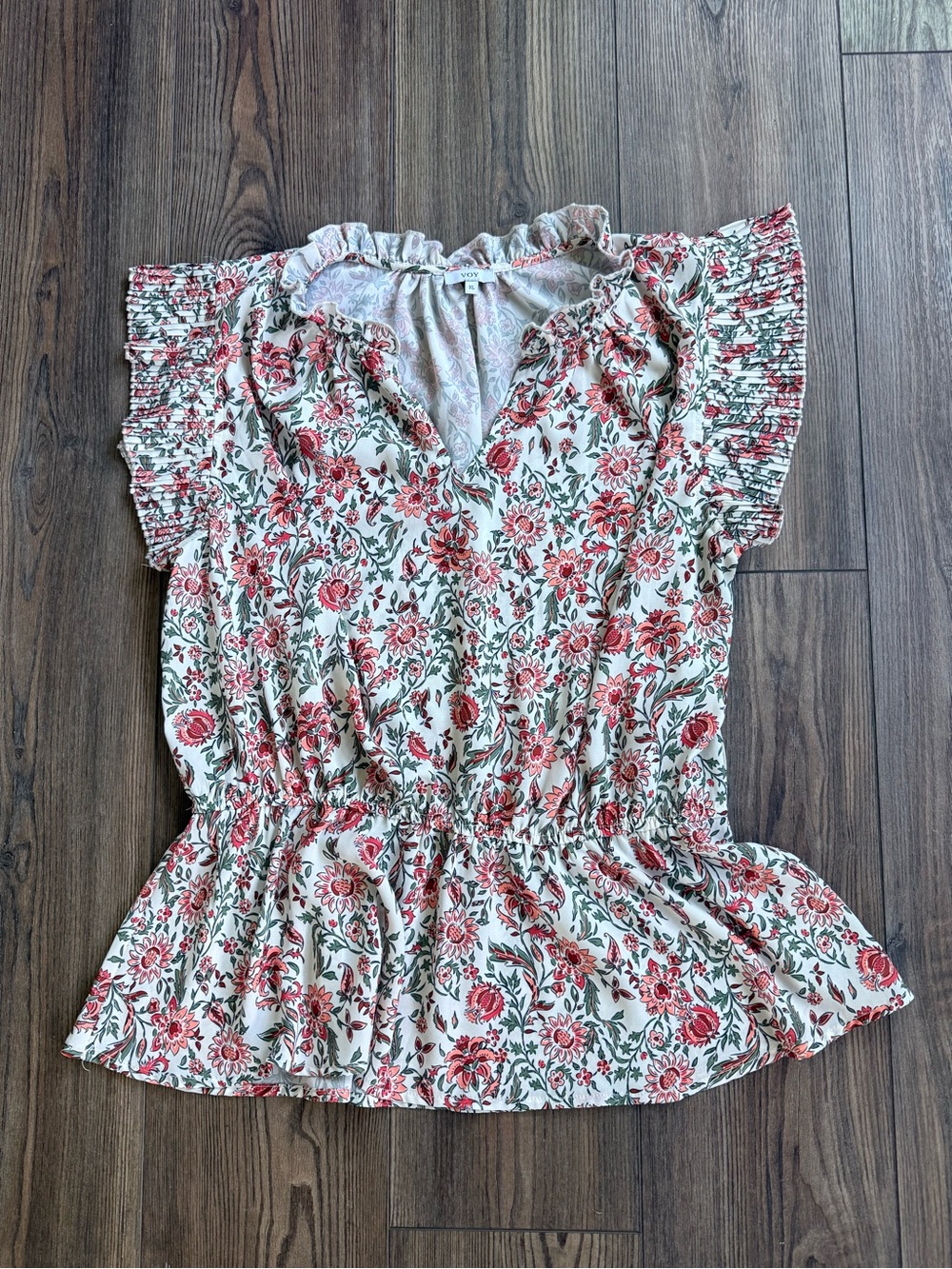 Floral Ruffle Peplum Blouse - Cream & Red